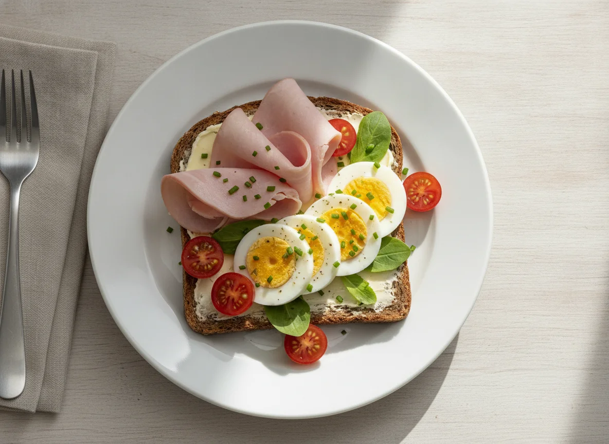 Belegtes Brot mit Ei und Schinken photo