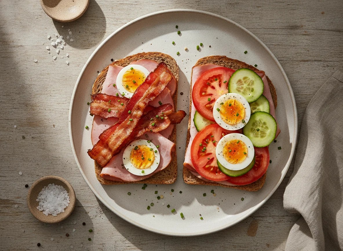 Belegtes Brot mit Ei und Speck photo