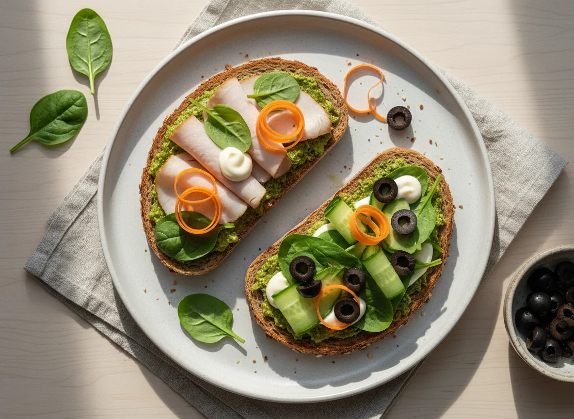 Belegtes Brot mit Gemüse und Oliven photo