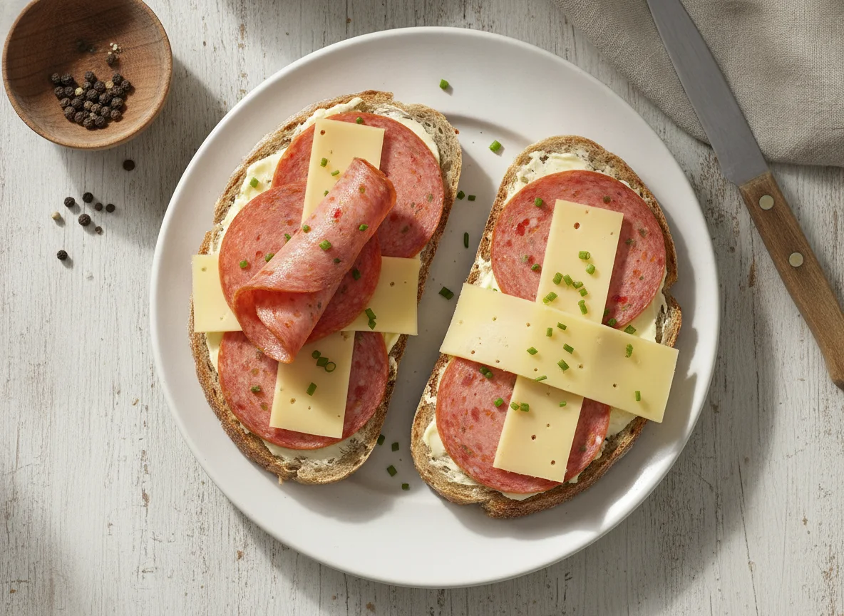 Belegtes Brot mit Paprikalyoner und Käse photo
