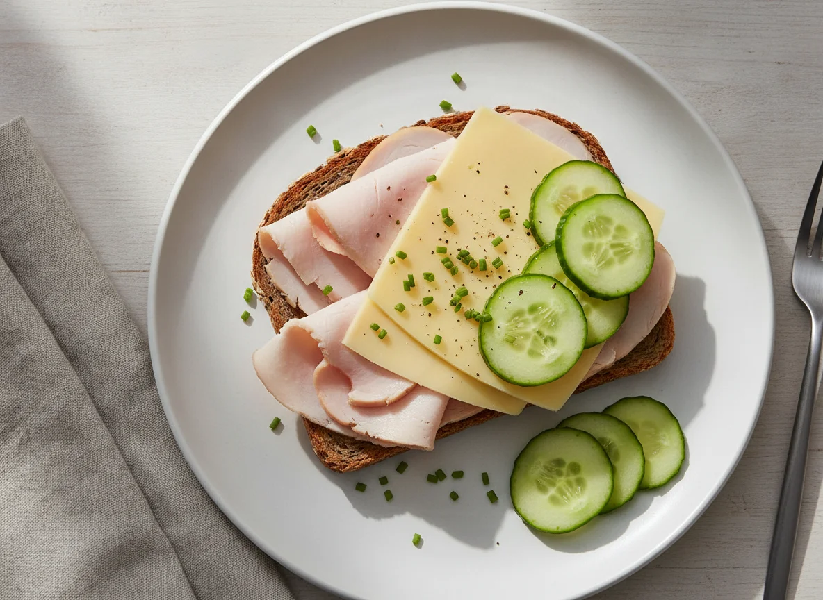 Belegtes Brot mit Putenbrust, Käse und Gurke photo