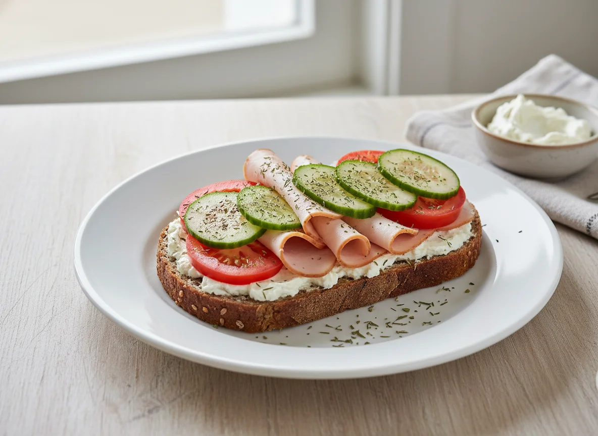 Belegtes Brot mit Putenbrust und Gemüse photo