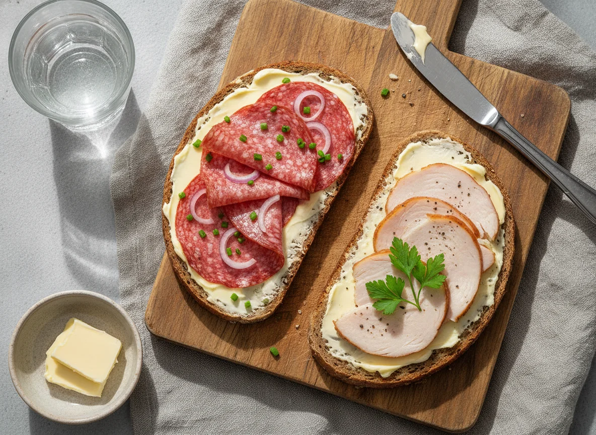 Belegtes Brot mit Salami und Putenbrust photo