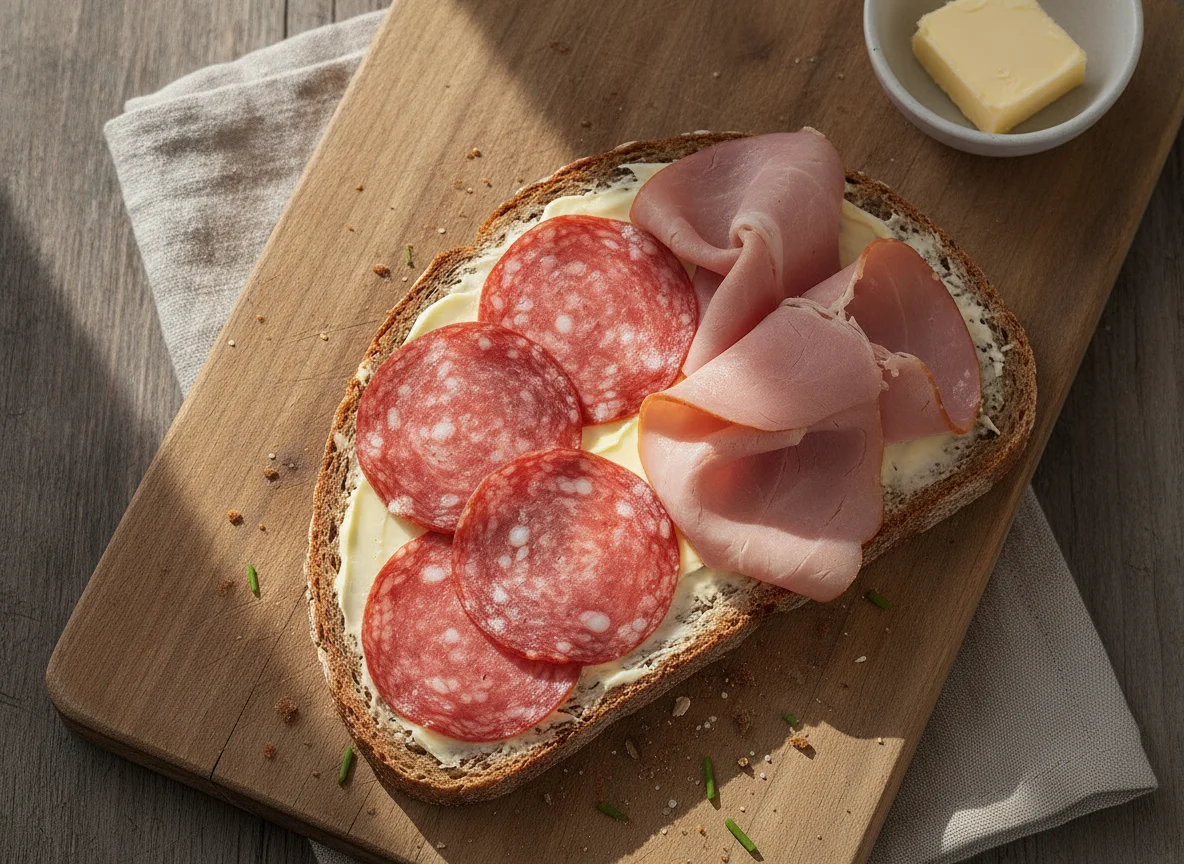 Belegtes Brot mit Salami und Schinken photo