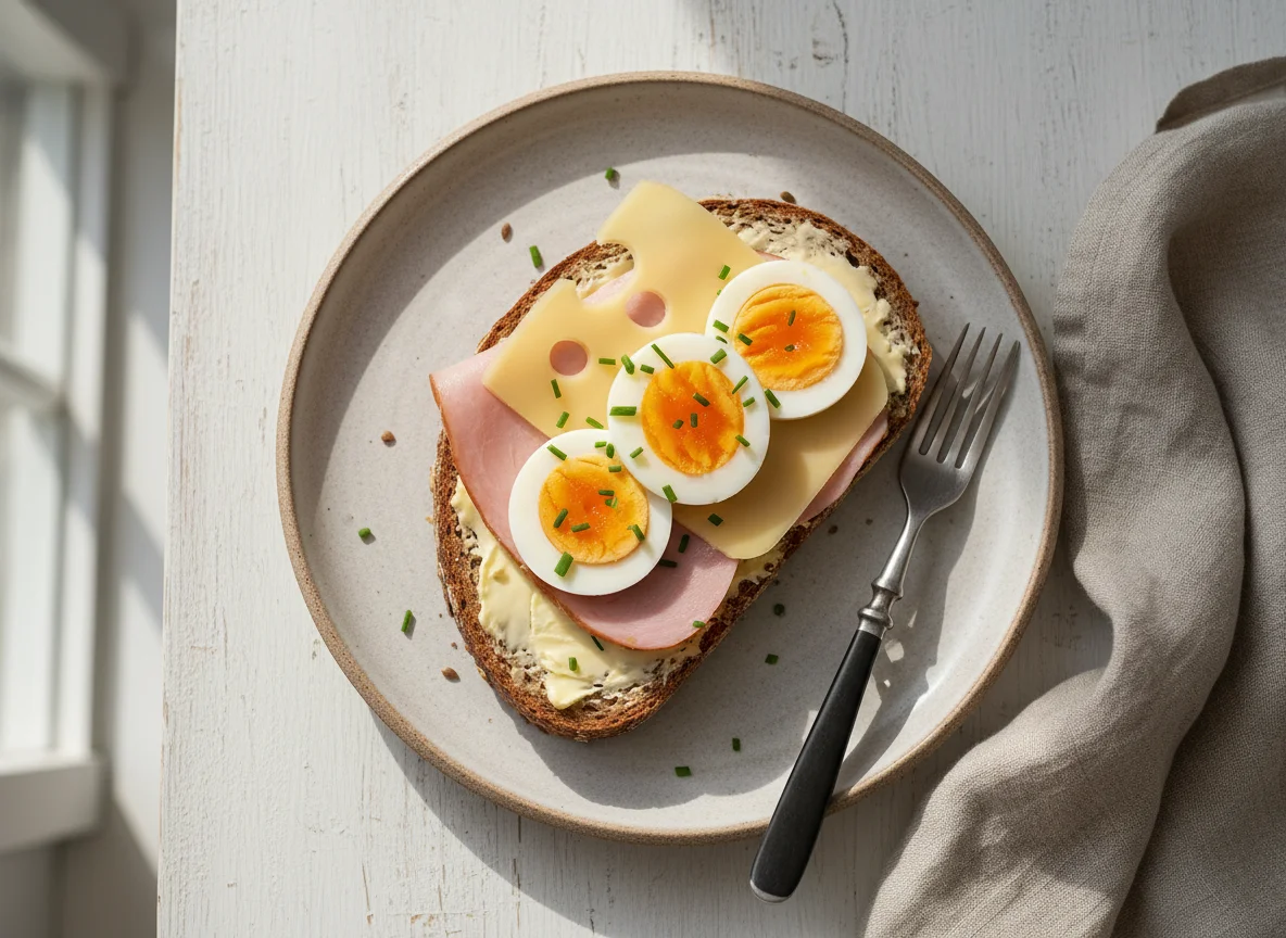 Belegtes Brot mit Schinken, Käse und Ei photo
