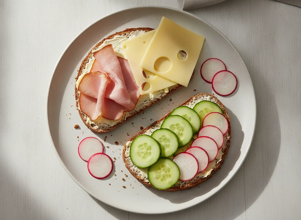 Belegtes Brot mit Schinken, Käse und Gemüse photo