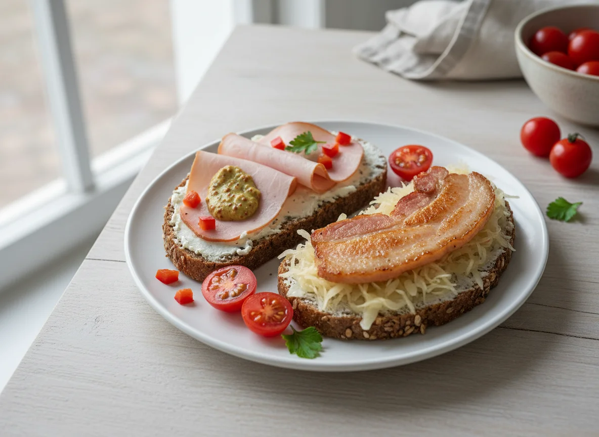 Belegtes Brot mit Schinken, Sauerkraut und Paprika photo