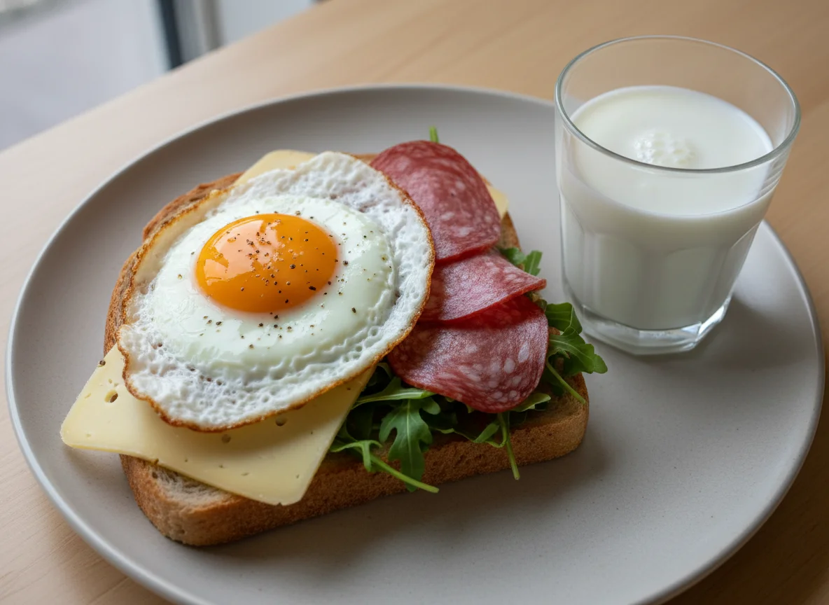 Belegtes Brot mit Spiegelei, Käse und Salami dazu Kefir photo