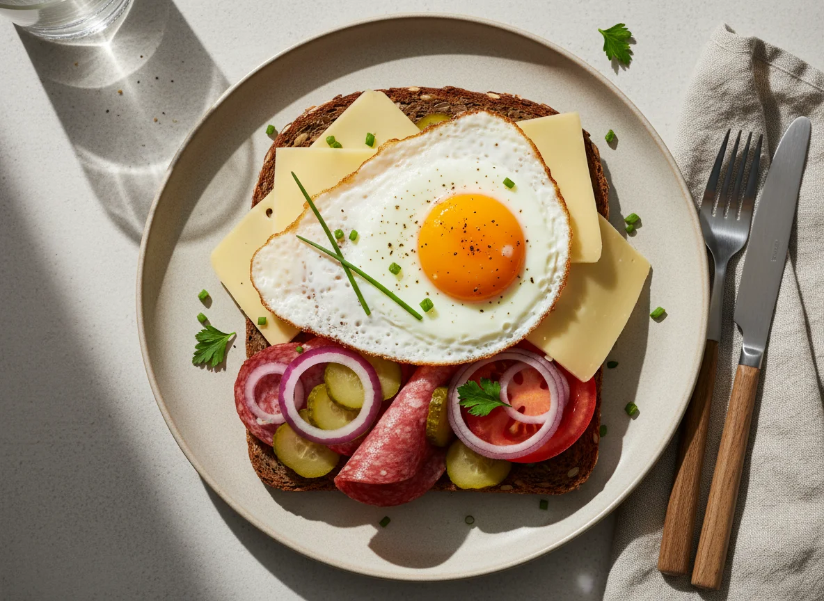 Belegtes Brot mit Spiegelei und Käse photo