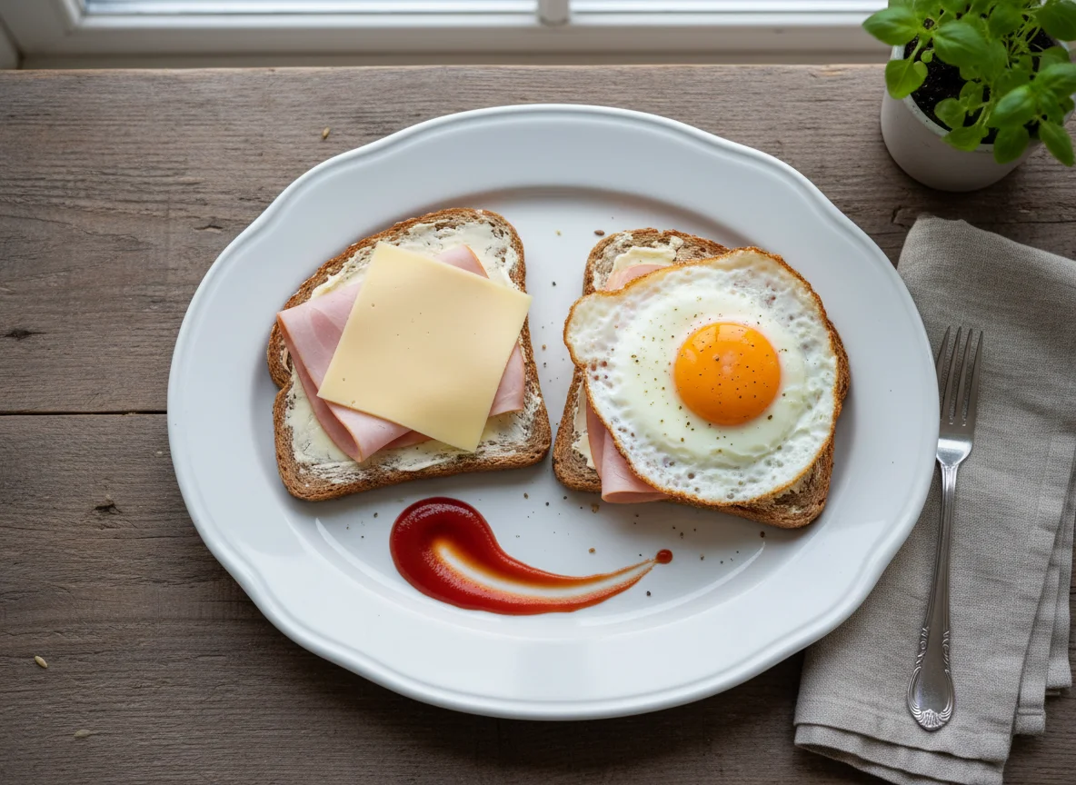 Belegtes Brot mit Spiegelei und Schinken photo