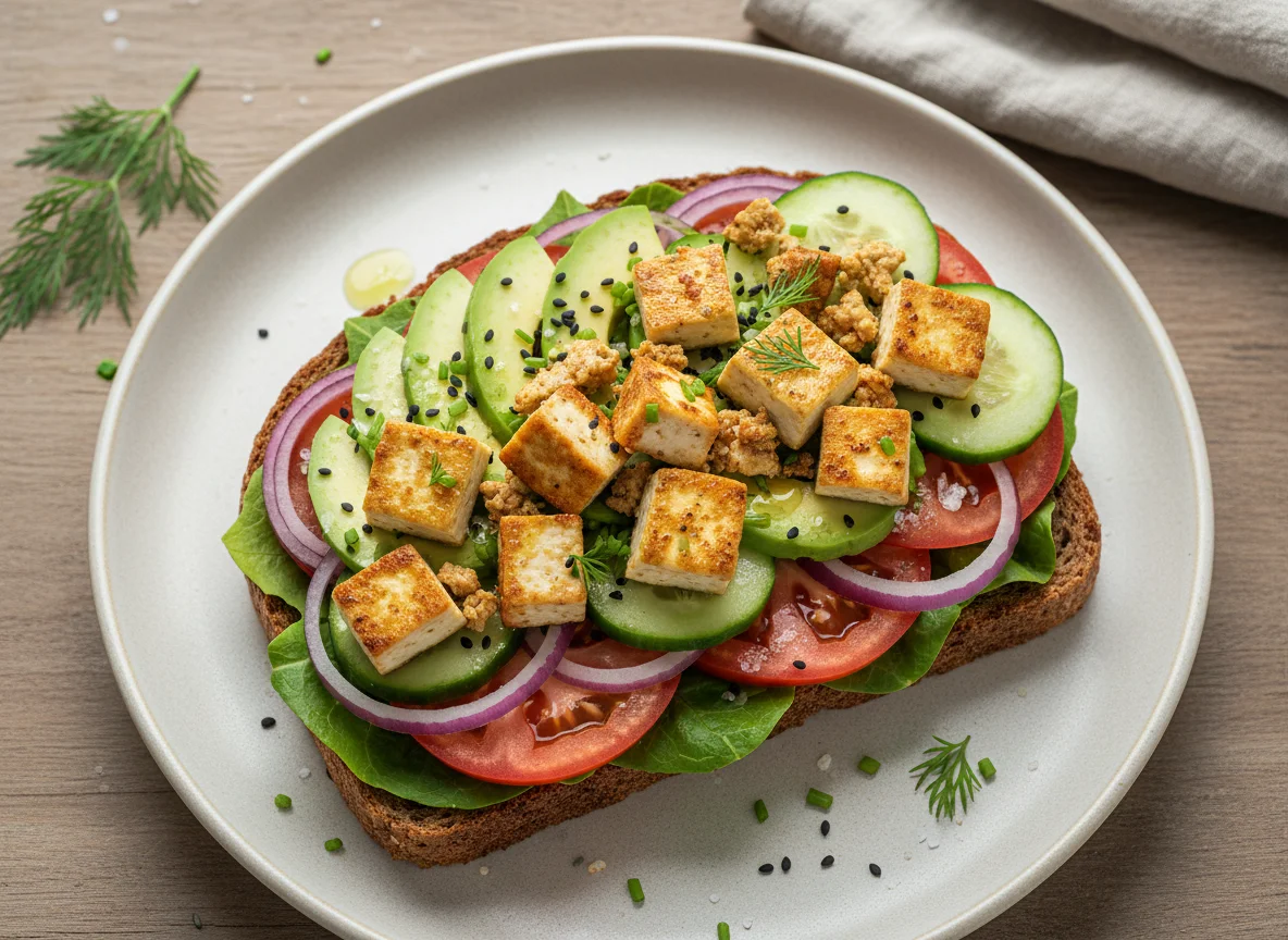 Belegtes Brot mit Tofu und Gemüse photo