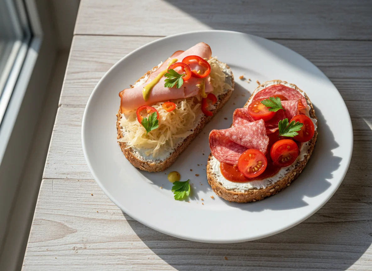 Belegtes Brot mit Wurst, Sauerkraut und Paprika photo