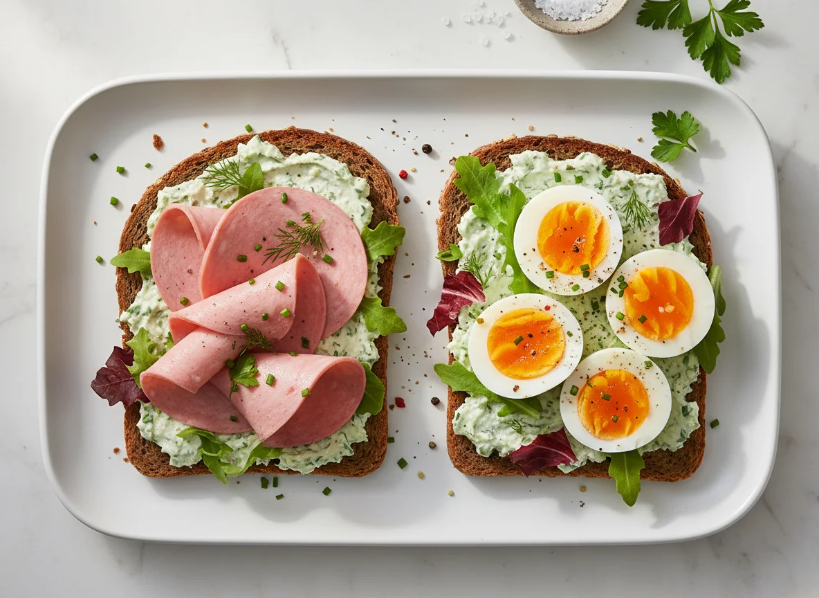 Belegtes Brot mit Wurst und Ei photo