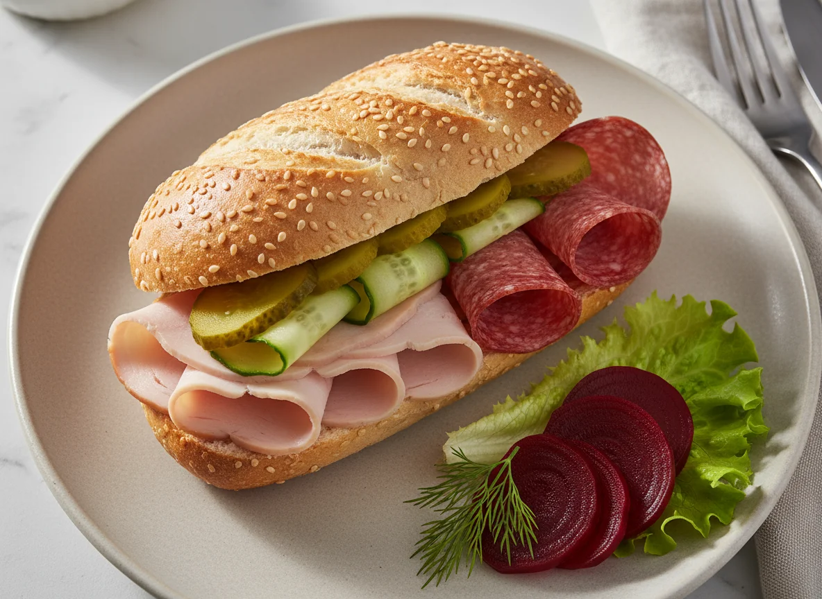 Belegtes Brötchen mit Beilagen photo