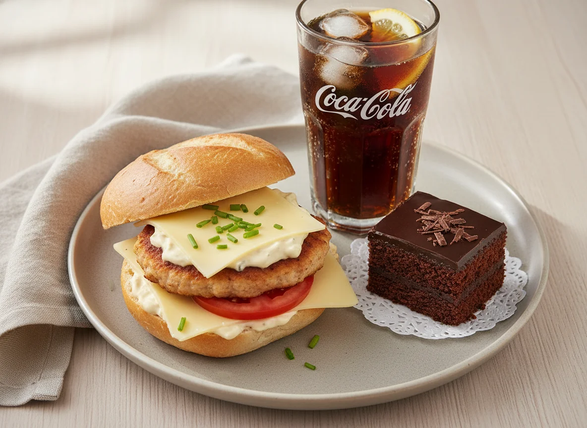 Belegtes Brötchen mit Cola und Gebäck photo