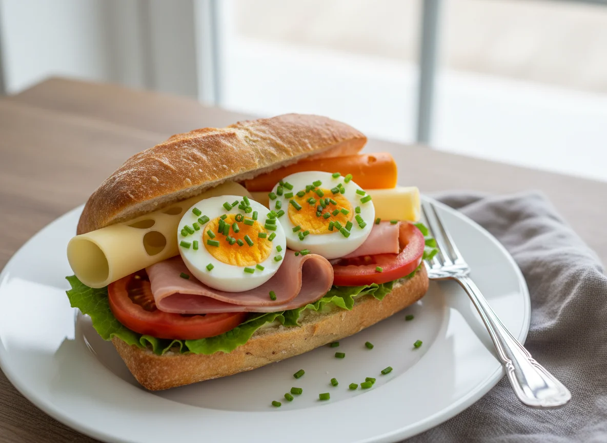 Belegtes Brötchen mit Ei, Schinken und Käse photo