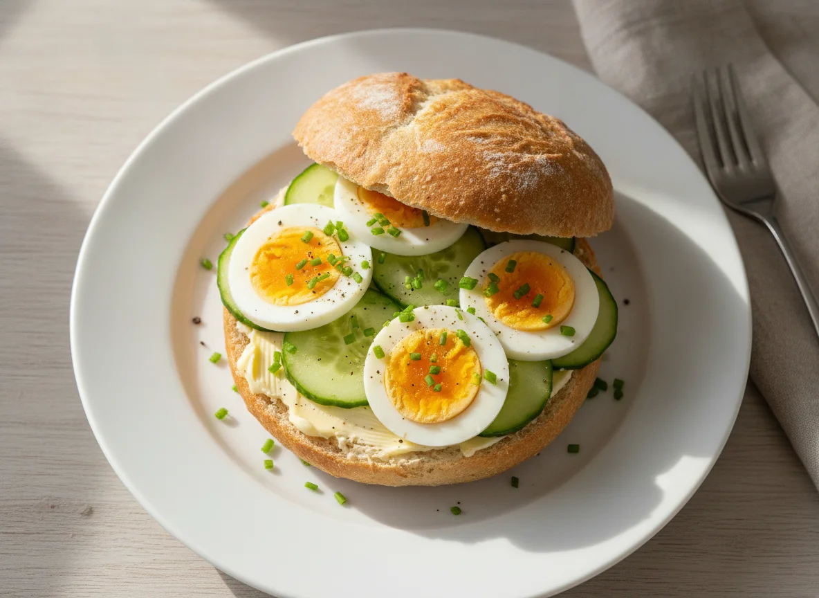Belegtes Brötchen mit Ei und Gurke photo
