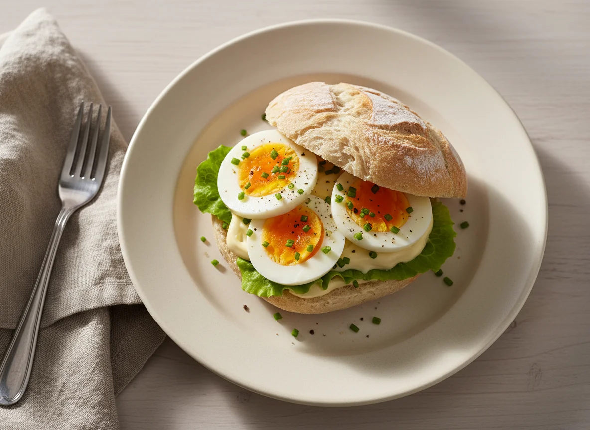 Belegtes Brötchen mit Ei und Salat photo