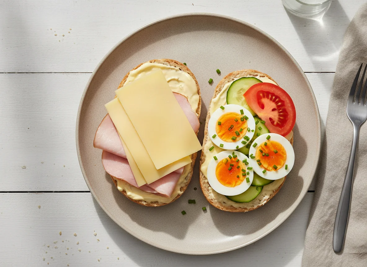 Belegtes Brötchen mit Ei und Schinken photo