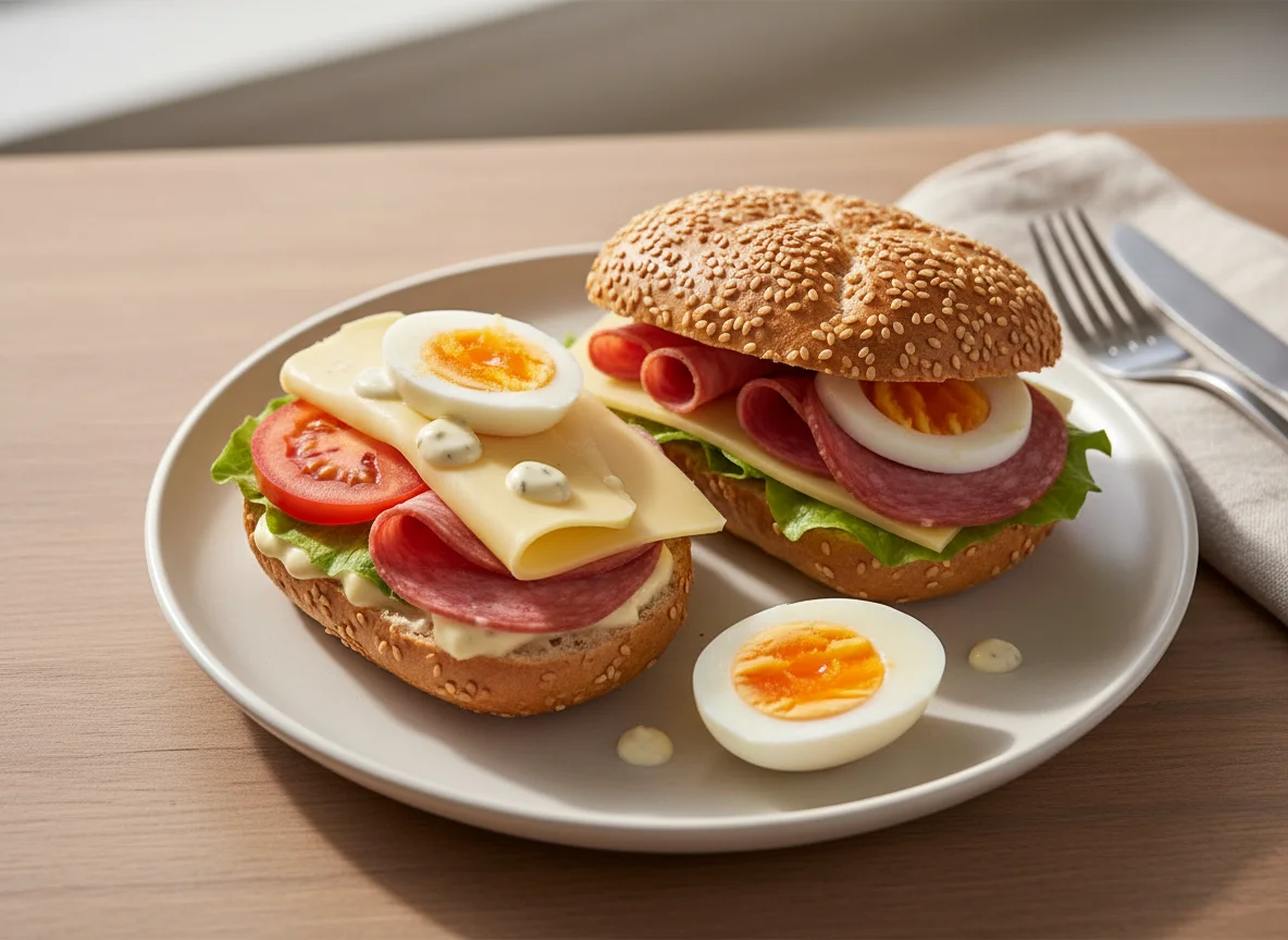 Belegtes Brötchen mit Ei und Wurst photo
