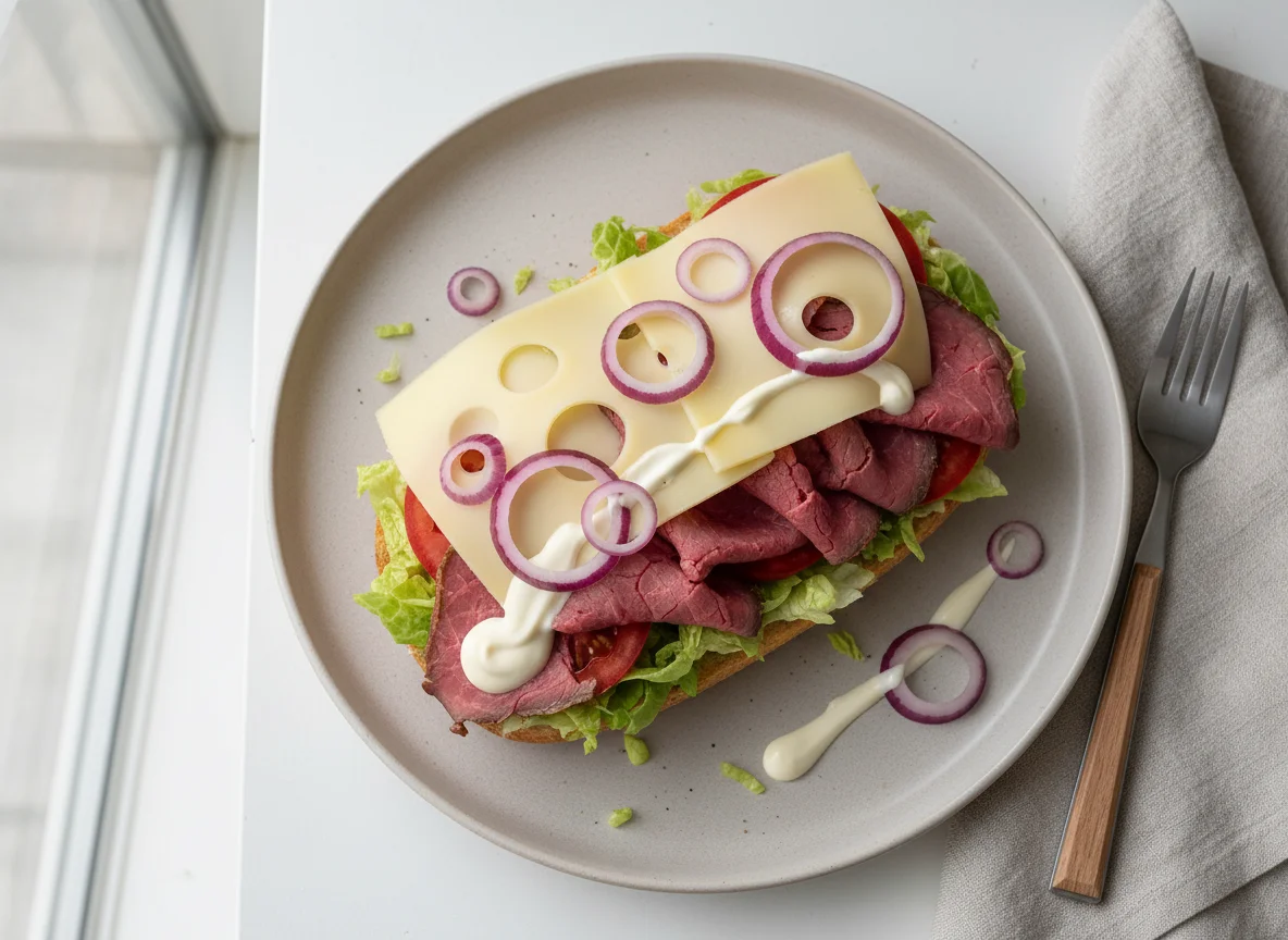 Belegtes Brötchen mit Fleisch und Gemüse photo