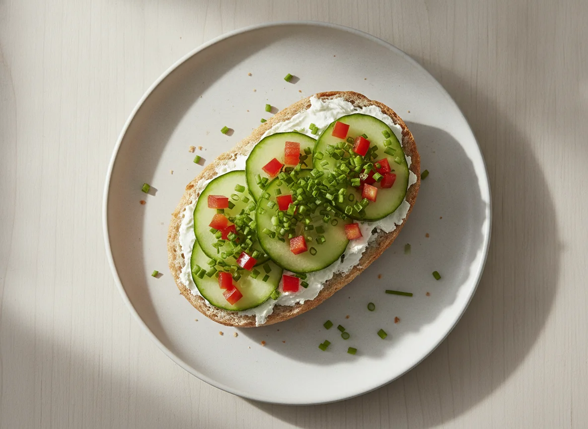 Belegtes Brötchen mit Frischkäse und Gemüse photo