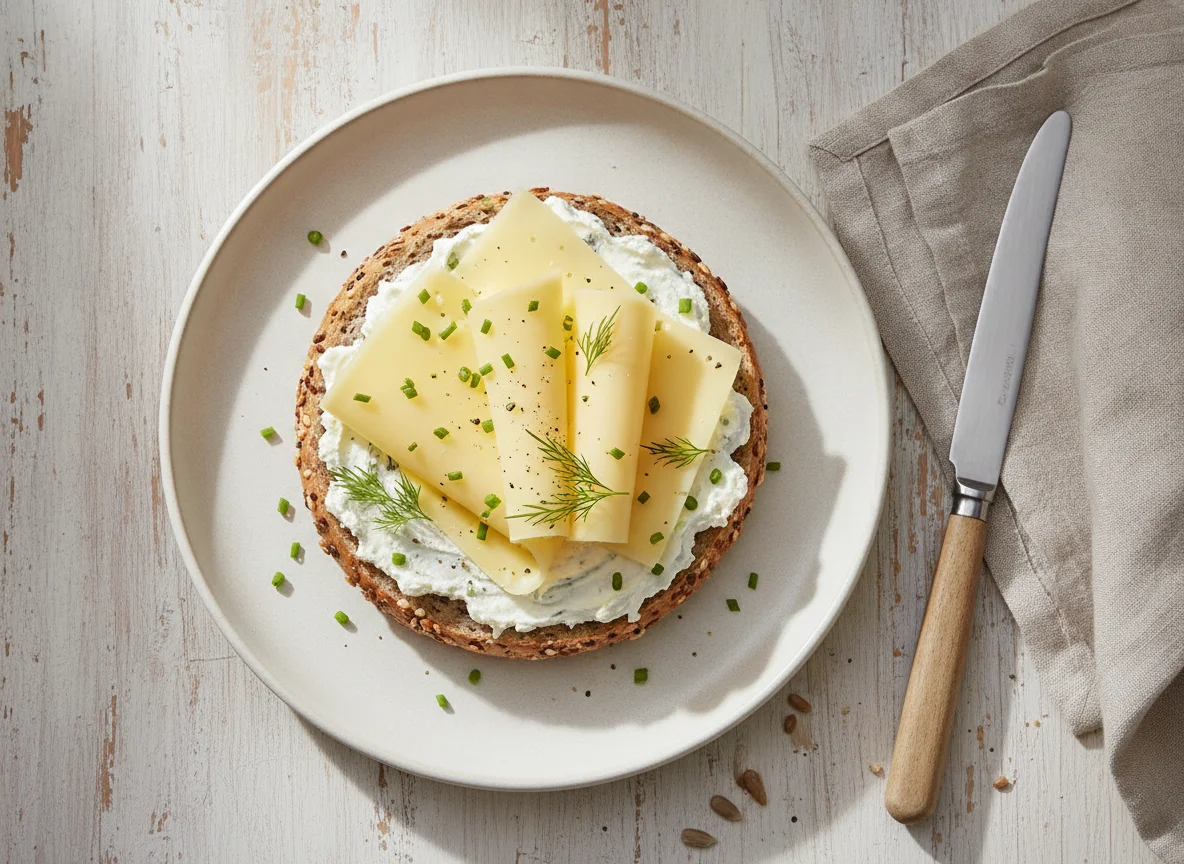 Belegtes Brötchen mit Frischkäse und Käse photo
