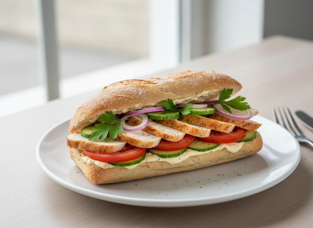 Belegtes Brötchen mit Hähnchen und Gemüse photo