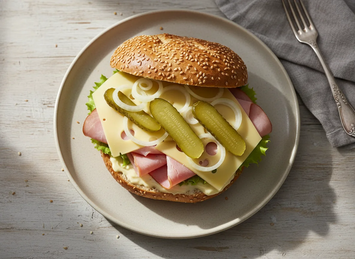 Belegtes Brötchen mit Käse, Schinken und Essiggurken photo