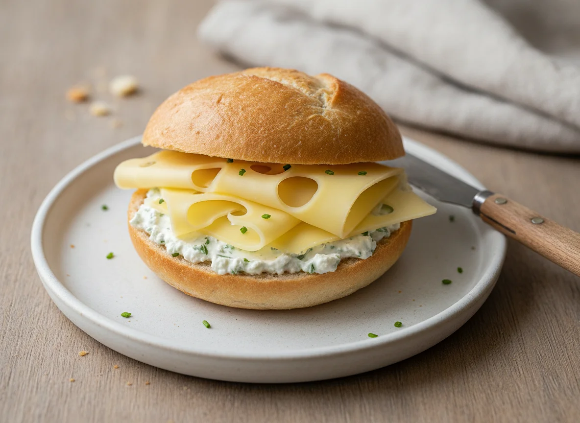 Belegtes Brötchen mit Käse und Aufstrich photo