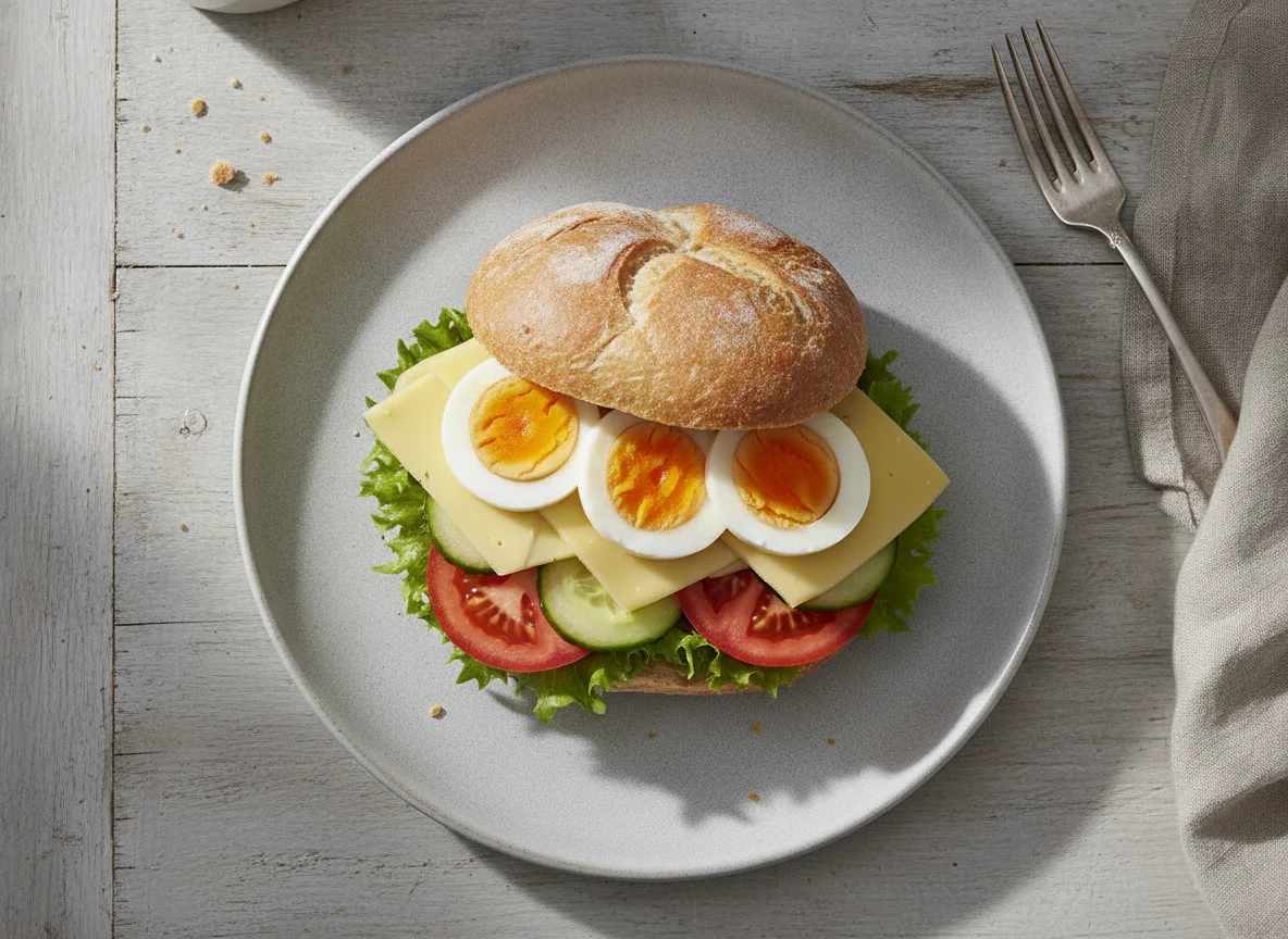 Belegtes Brötchen mit Käse und Ei photo