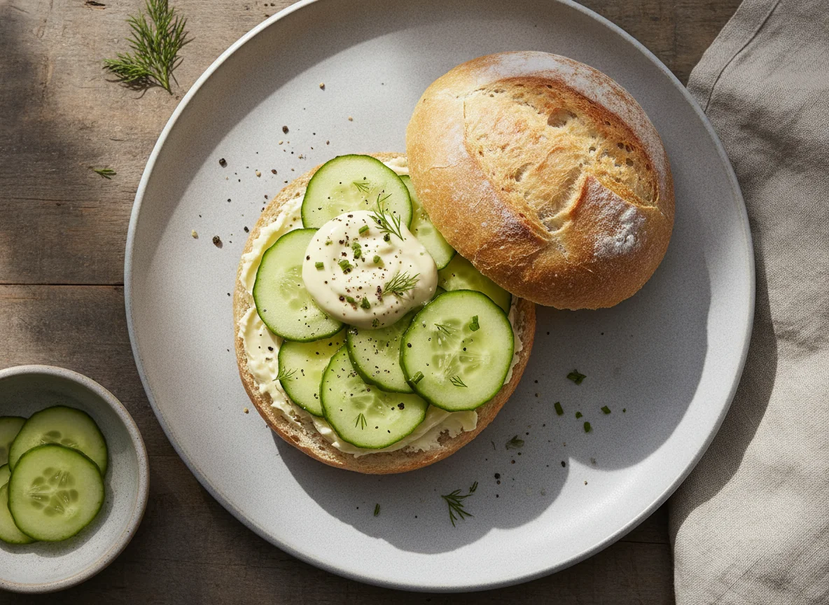 Belegtes Brötchen mit Käse und Gurke photo