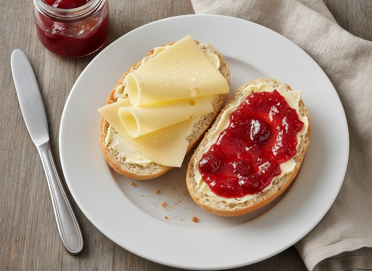 Belegtes Brötchen mit Käse und Marmelade photo