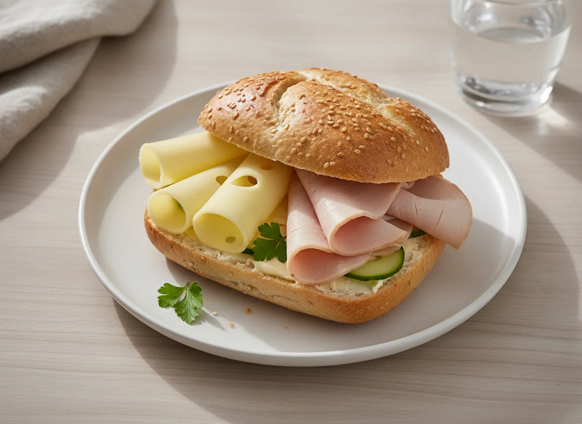 Belegtes Brötchen mit Käse und Putenbrust photo