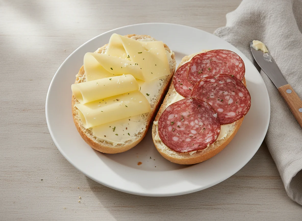 Belegtes Brötchen mit Käse und Salami photo