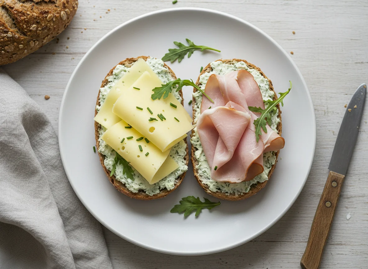 Belegtes Brötchen mit Käse und Schinken photo