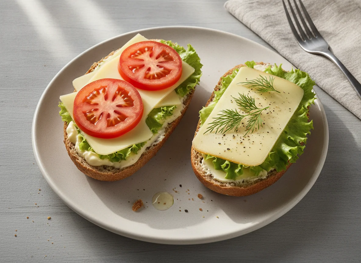Belegtes Brötchen mit Käse und Tomate photo
