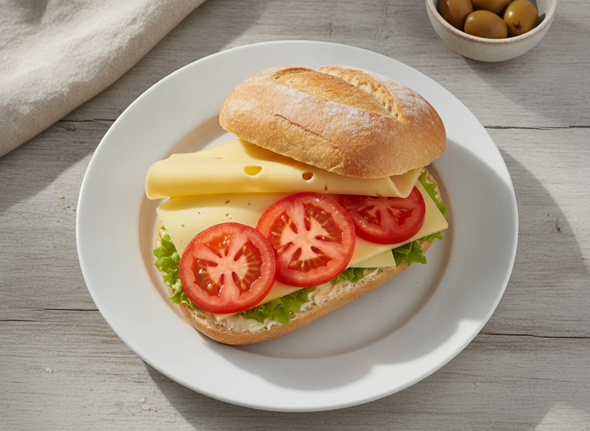 Belegtes Brötchen mit Käse und Tomaten photo