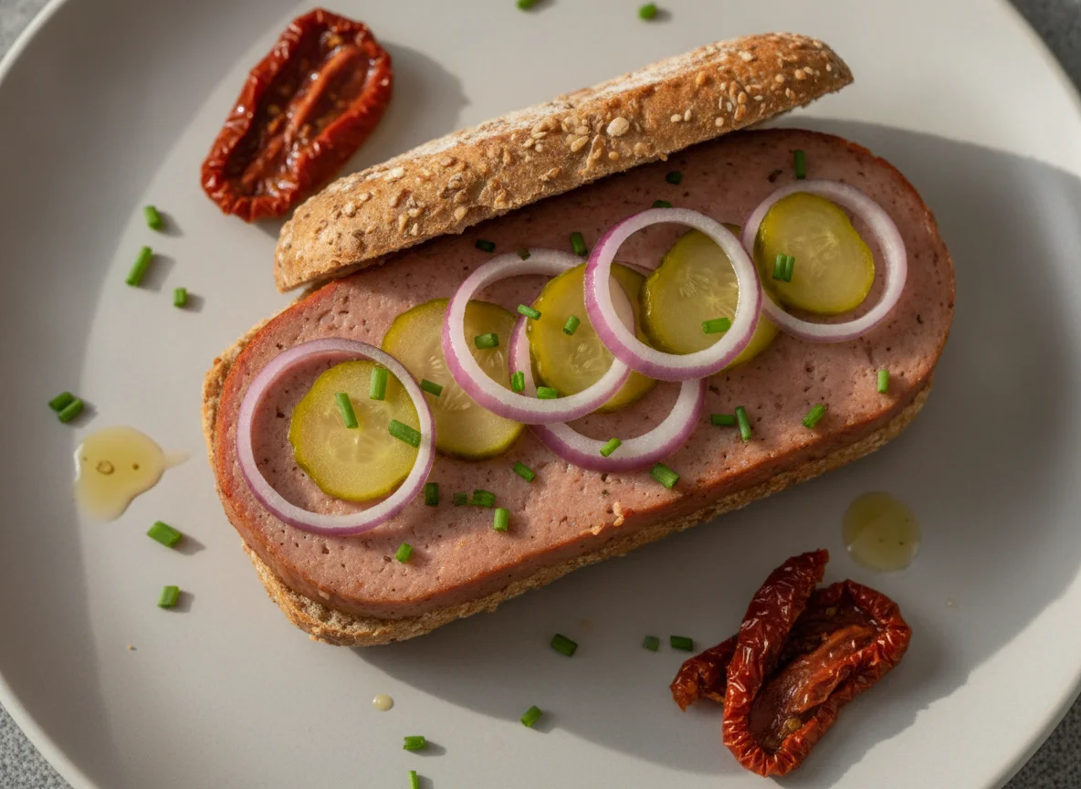 Belegtes Brötchen mit Leberkäse und Garnitur photo