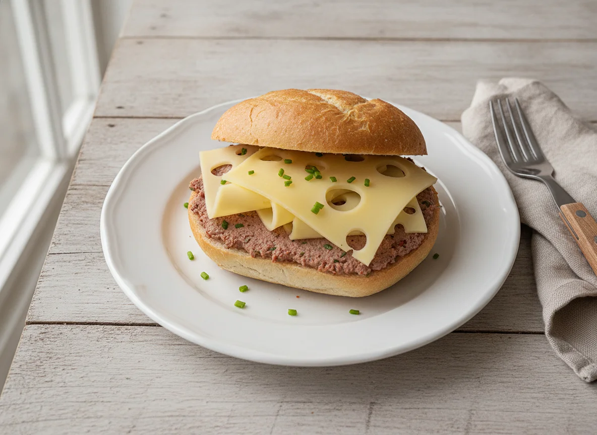 Belegtes Brötchen mit Leberwurst und Käse photo