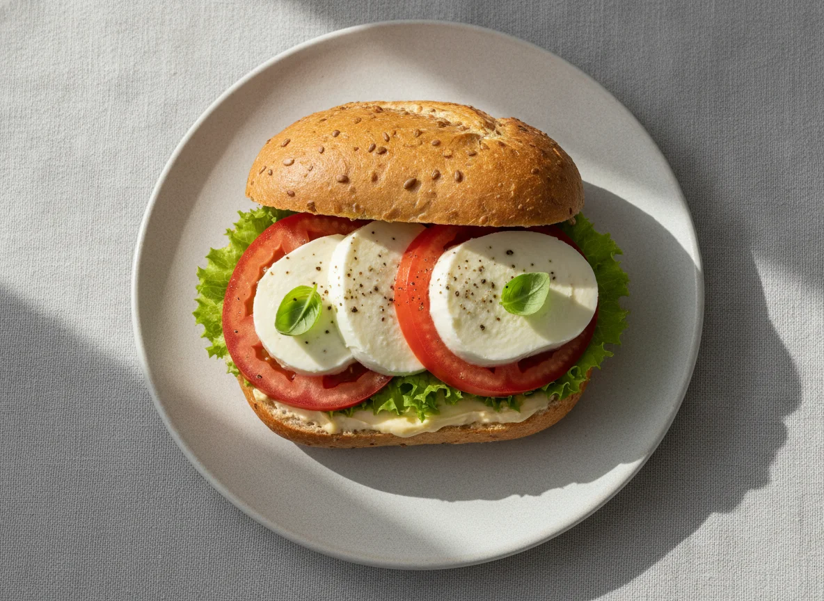 Belegtes Brötchen mit Mozzarella und Tomate photo