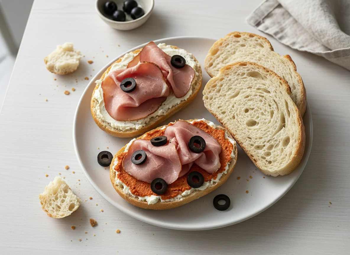 Belegtes Brötchen mit Oliven und Brot photo