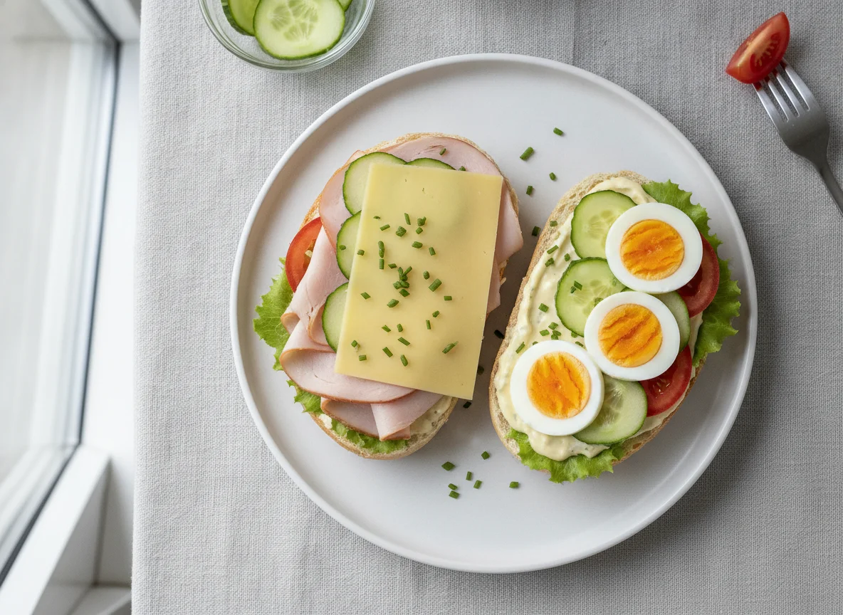 Belegtes Brötchen mit Pute, Käse und Ei photo