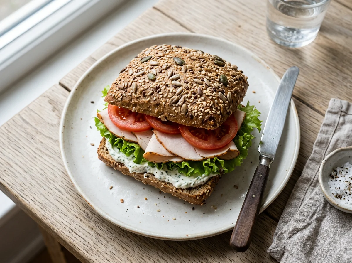 Belegtes Brötchen mit Putenbrust photo