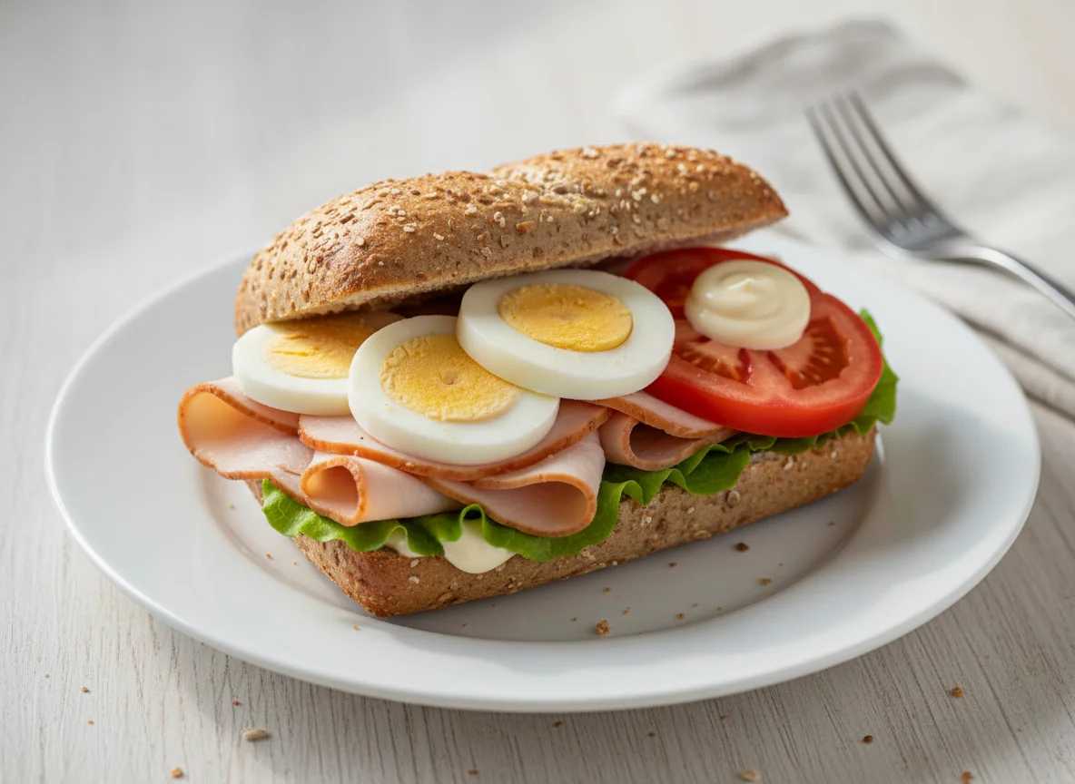 Belegtes Brötchen mit Putenbrust, Ei und Tomate photo