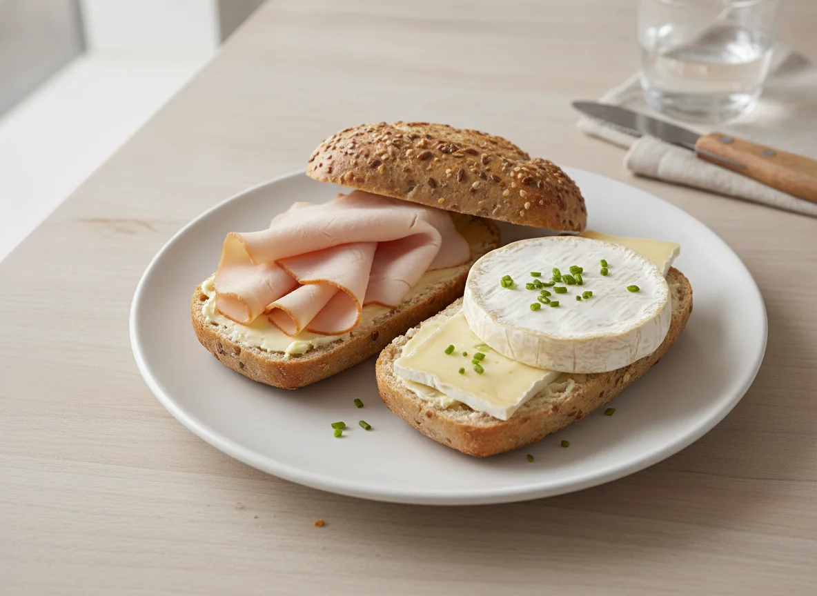 Belegtes Brötchen mit Putenbrust und Camembert photo