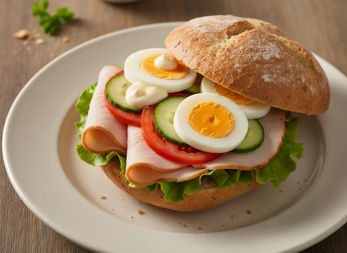 Belegtes Brötchen mit Putenbrust und Ei photo