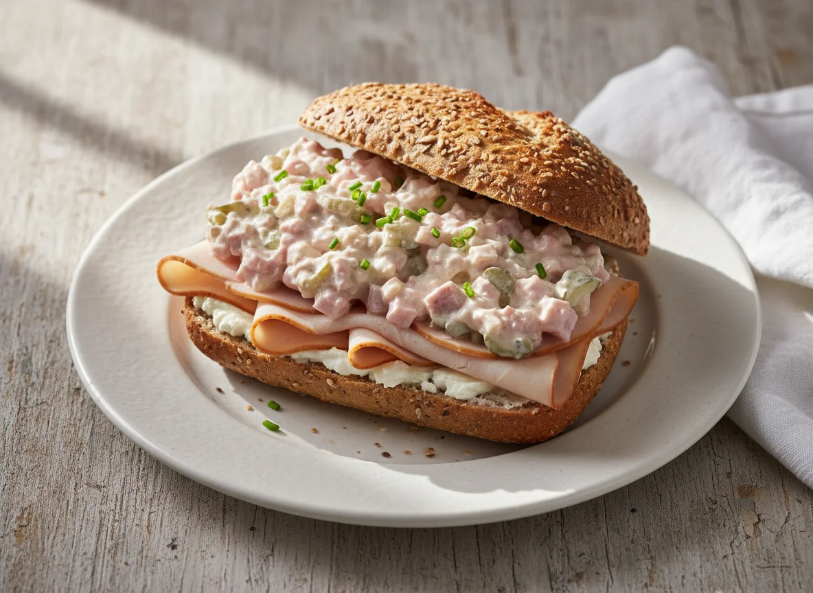 Belegtes Brötchen mit Putenbrust und Fleischsalat photo