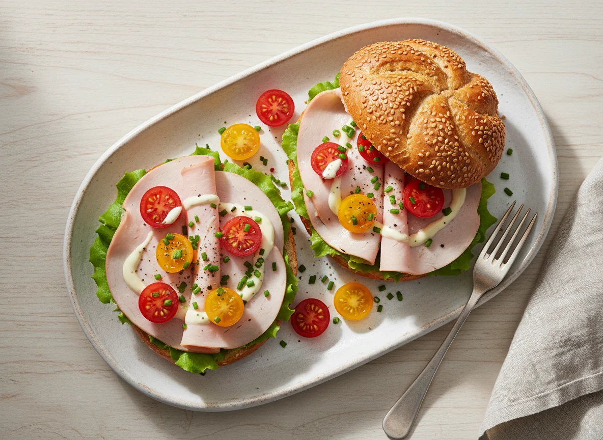 Belegtes Brötchen mit Putenbrust und Gemüse photo