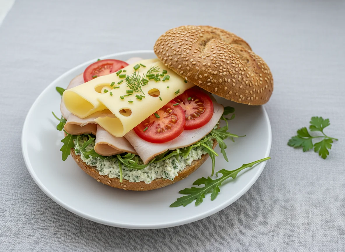 Belegtes Brötchen mit Putenbrust und Käse photo